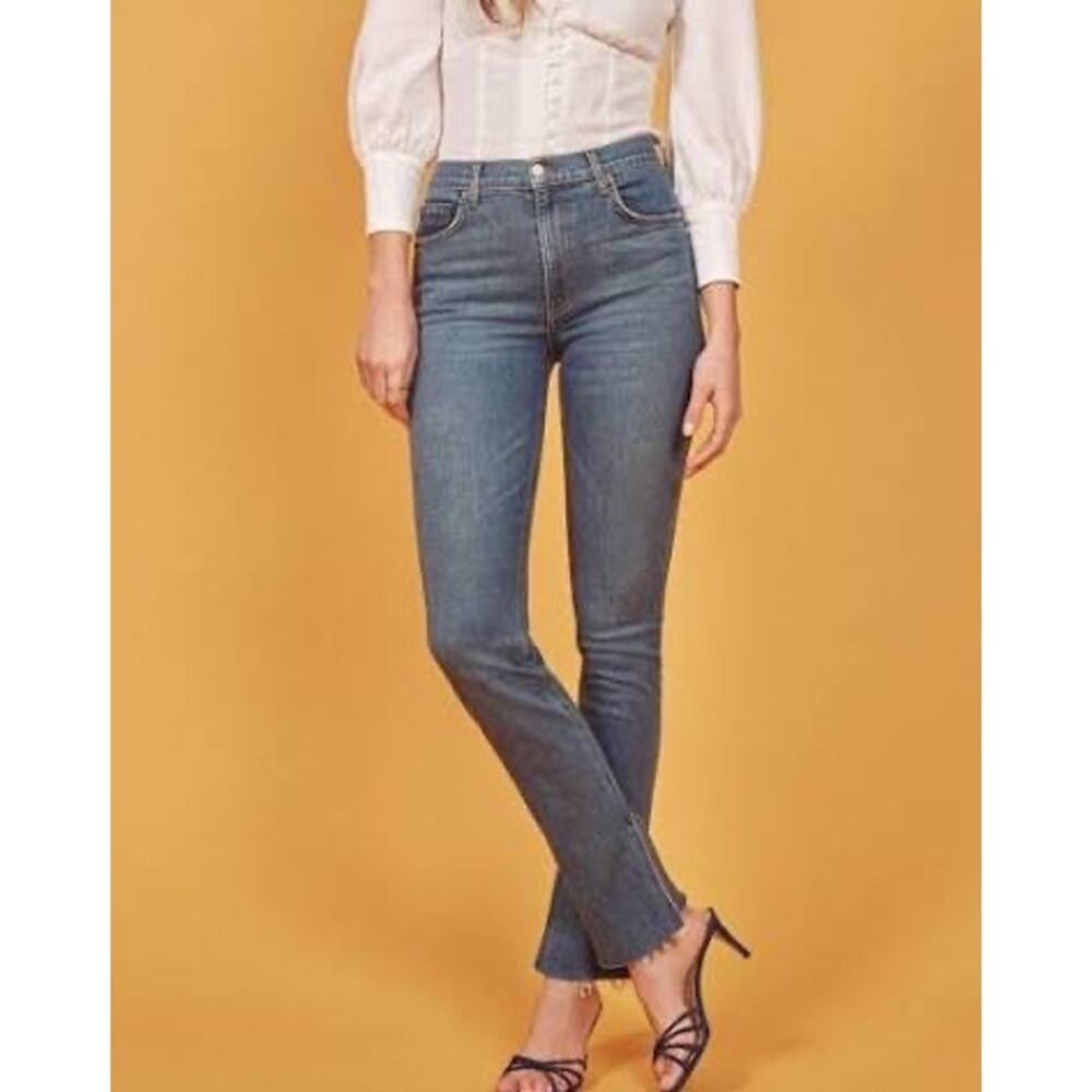 Reformation Riley Jean Mid-Rise Straight Leg Raw Hem in Midwash Blue Women's 25